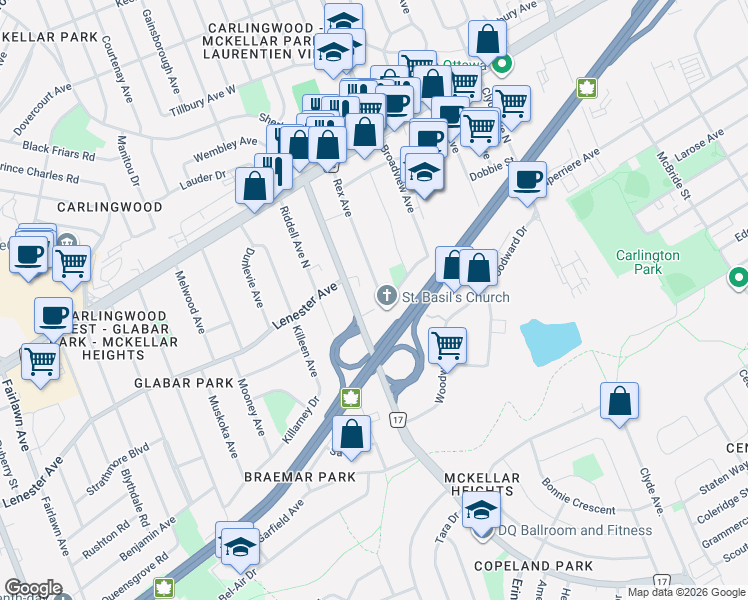 map of restaurants, bars, coffee shops, grocery stores, and more near 924 Rex Avenue in Ottawa
