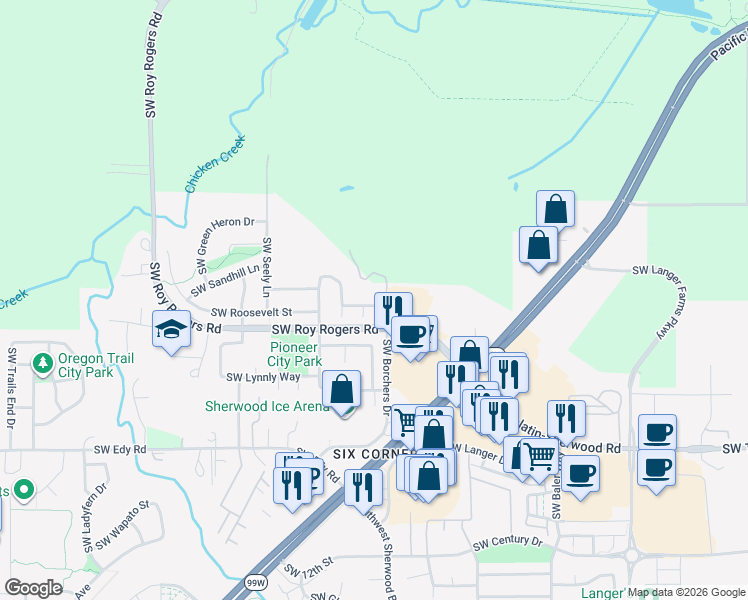 map of restaurants, bars, coffee shops, grocery stores, and more near 16609 Southwest Sidney Lane in Sherwood