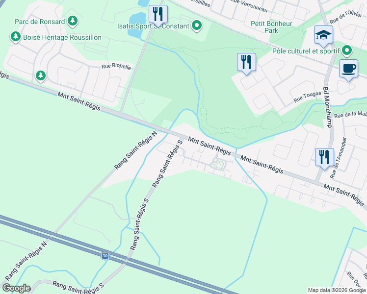 map of restaurants, bars, coffee shops, grocery stores, and more near 415 Rue Grenadier in Saint-Constant
