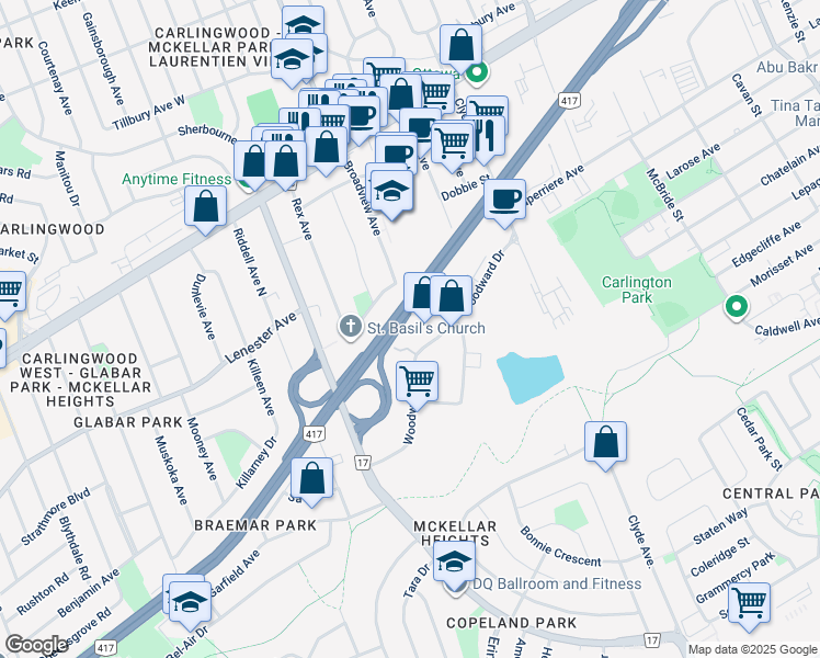 map of restaurants, bars, coffee shops, grocery stores, and more near 1741 Woodward Drive in Ottawa
