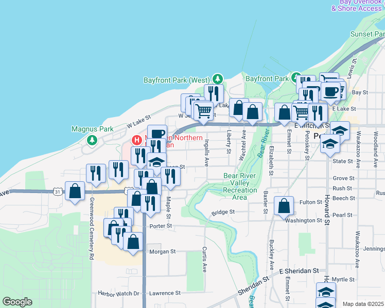 map of restaurants, bars, coffee shops, grocery stores, and more near 421 Monroe Street in Petoskey
