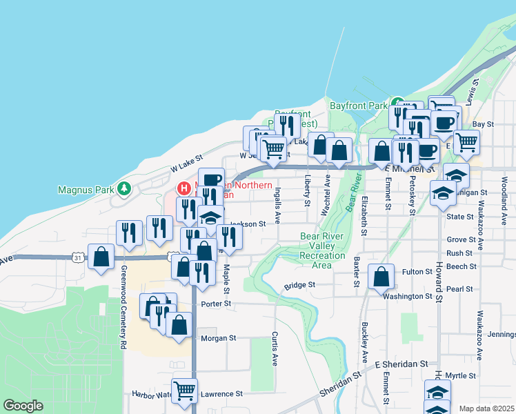 map of restaurants, bars, coffee shops, grocery stores, and more near 421 Monroe Street in Petoskey