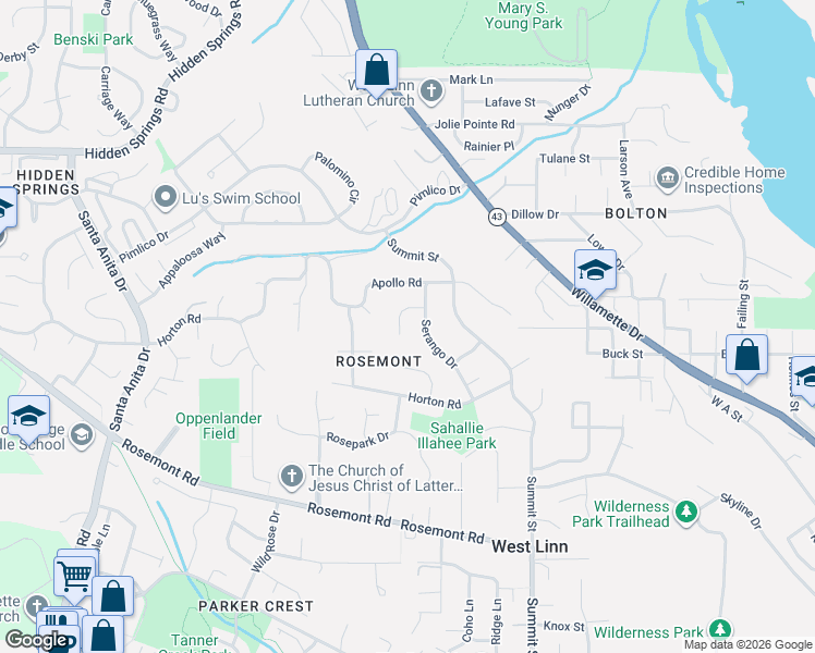 map of restaurants, bars, coffee shops, grocery stores, and more near 4050 Serango Court in West Linn