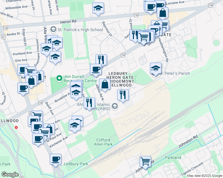 map of restaurants, bars, coffee shops, grocery stores, and more near 1455 Heatherington Road in Ottawa