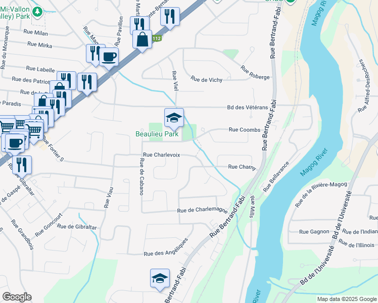 map of restaurants, bars, coffee shops, grocery stores, and more near 671 Rue Charlevoix in Sherbrooke