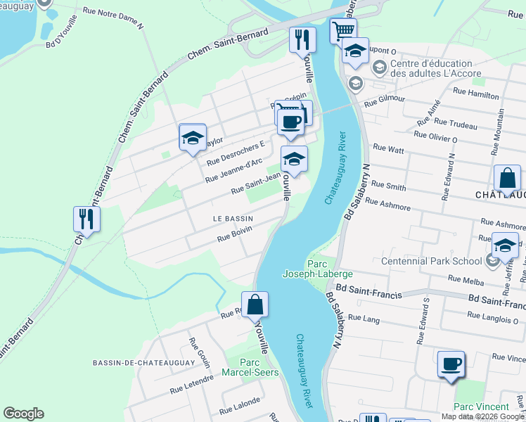 map of restaurants, bars, coffee shops, grocery stores, and more near 12 Rue Provost in Châteauguay