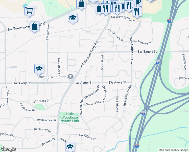 map of restaurants, bars, coffee shops, grocery stores, and more near 8815 Southwest Avery Street in Tualatin