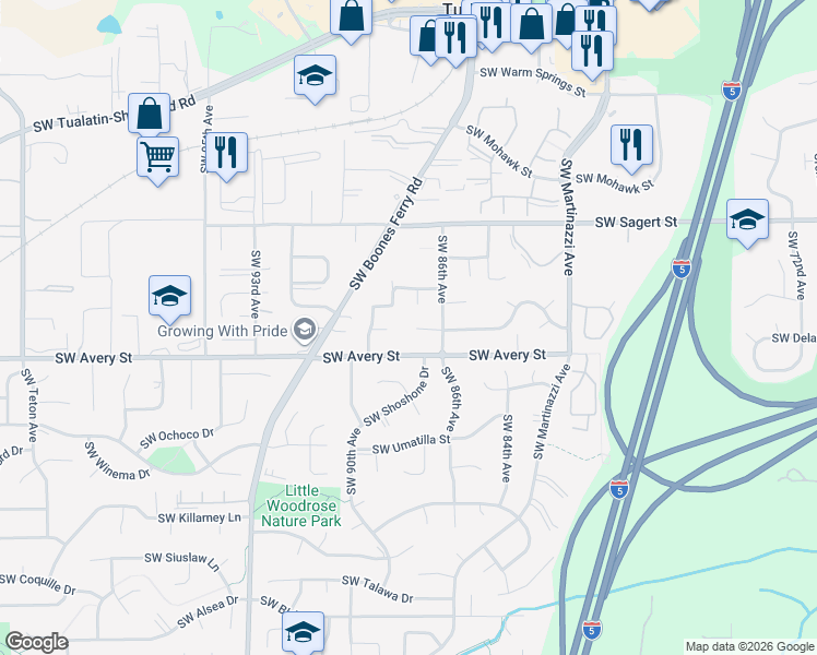 map of restaurants, bars, coffee shops, grocery stores, and more near 8815 Southwest Avery Street in Tualatin