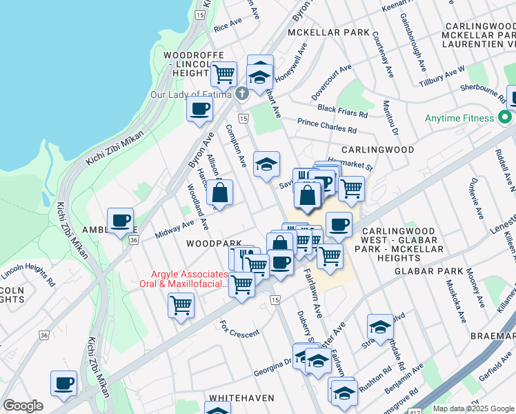 map of restaurants, bars, coffee shops, grocery stores, and more near 2203 Flower Avenue in Ottawa