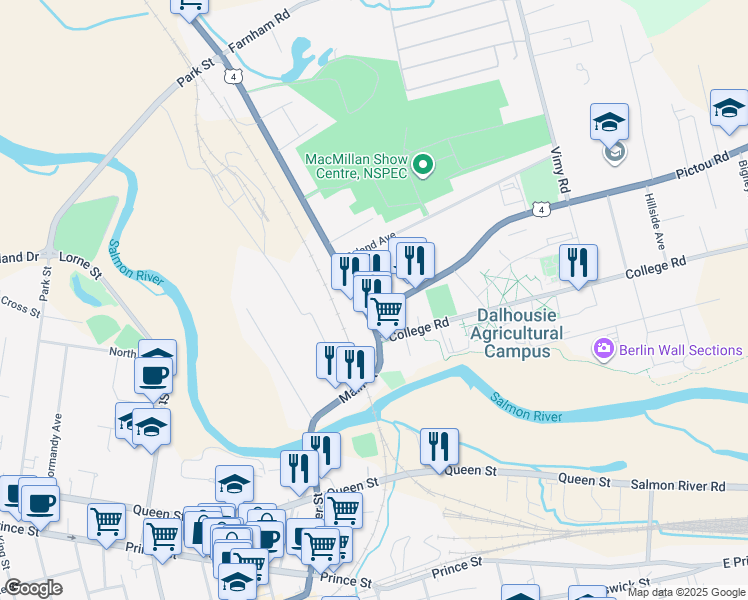 map of restaurants, bars, coffee shops, grocery stores, and more near 5 Pictou Road in Truro