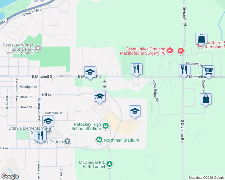 map of restaurants, bars, coffee shops, grocery stores, and more near 600-1098 Northmen Drive in Petoskey