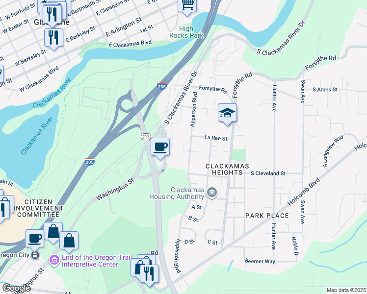 map of restaurants, bars, coffee shops, grocery stores, and more near in Oregon City
