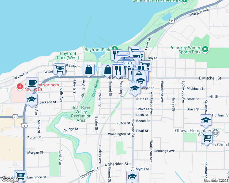 map of restaurants, bars, coffee shops, grocery stores, and more near 203 State Street in Petoskey