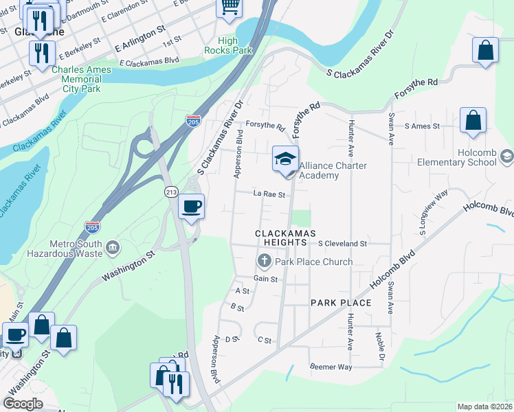 map of restaurants, bars, coffee shops, grocery stores, and more near 16127 South Harley Avenue in Oregon City