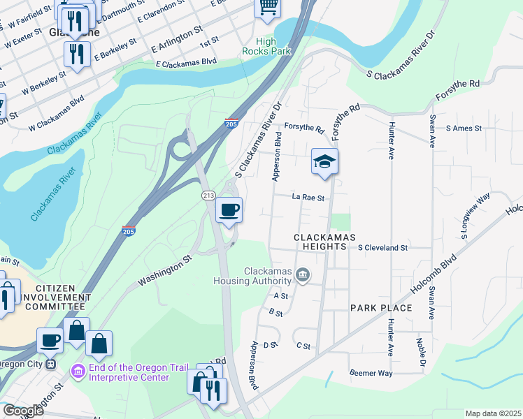 map of restaurants, bars, coffee shops, grocery stores, and more near in Oregon City