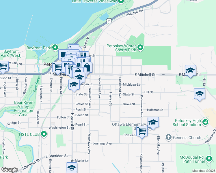map of restaurants, bars, coffee shops, grocery stores, and more near 614 State Street in Petoskey