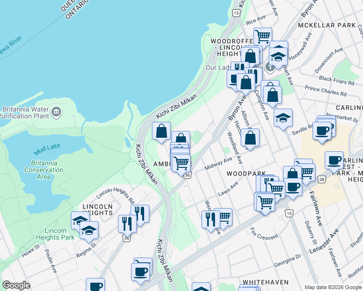 map of restaurants, bars, coffee shops, grocery stores, and more near 1155 Ambleside Drive in Ottawa