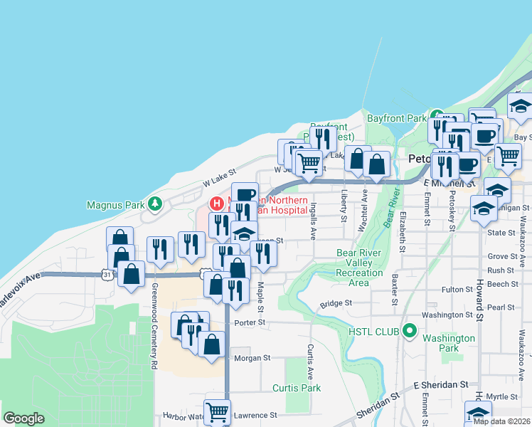 map of restaurants, bars, coffee shops, grocery stores, and more near 525 West Mitchell Street in Petoskey
