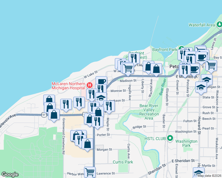 map of restaurants, bars, coffee shops, grocery stores, and more near 525 West Mitchell Street in Petoskey
