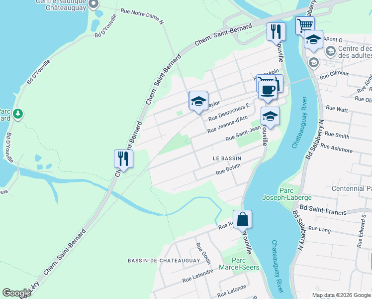 map of restaurants, bars, coffee shops, grocery stores, and more near 67 Rue Saint-Jean in Châteauguay