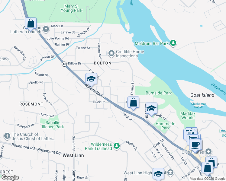 map of restaurants, bars, coffee shops, grocery stores, and more near 6345 Caufield Street in West Linn