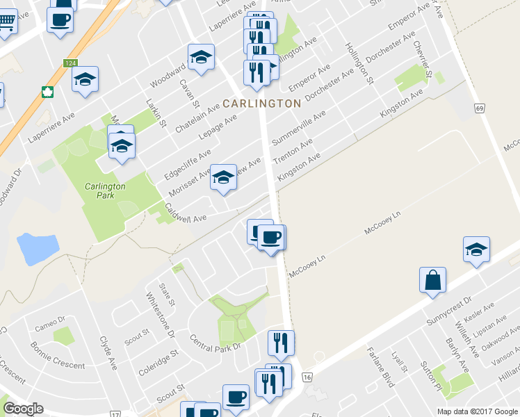 map of restaurants, bars, coffee shops, grocery stores, and more near 174 Fordham Private in Ottawa