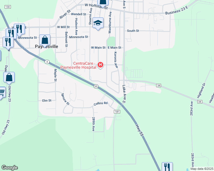 map of restaurants, bars, coffee shops, grocery stores, and more near Washburne Drive in Paynesville