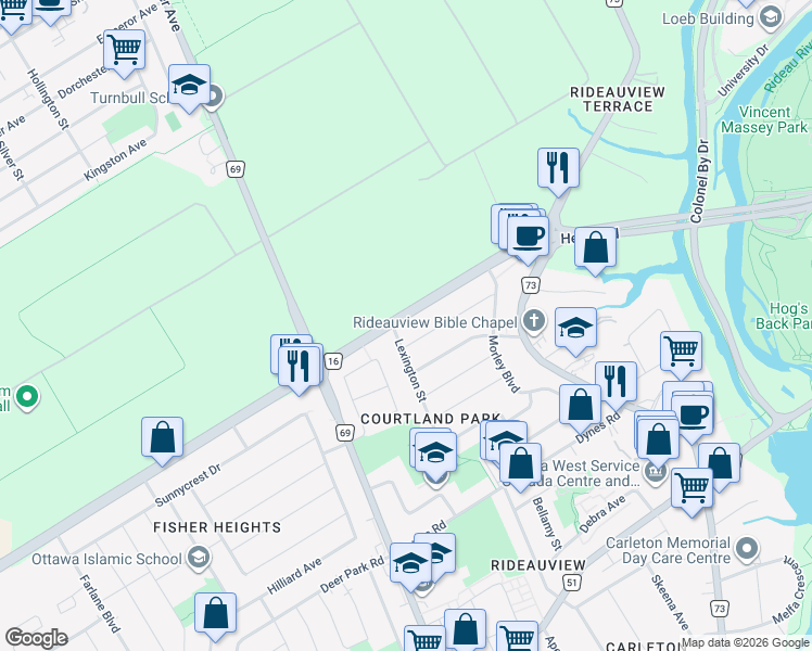 map of restaurants, bars, coffee shops, grocery stores, and more near 218 Wilshire Avenue in Ottawa