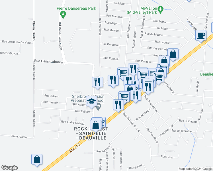 map of restaurants, bars, coffee shops, grocery stores, and more near 4912 Rue Magloire in Sherbrooke