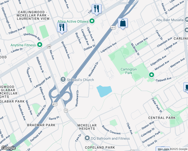 map of restaurants, bars, coffee shops, grocery stores, and more near 1656 Woodward Drive in Ottawa