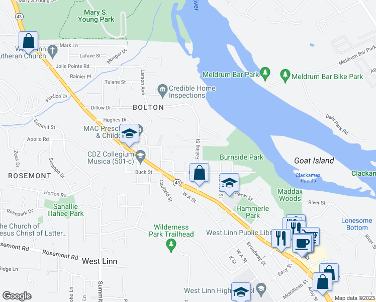 map of restaurants, bars, coffee shops, grocery stores, and more near 1880 Tompkins Street in West Linn
