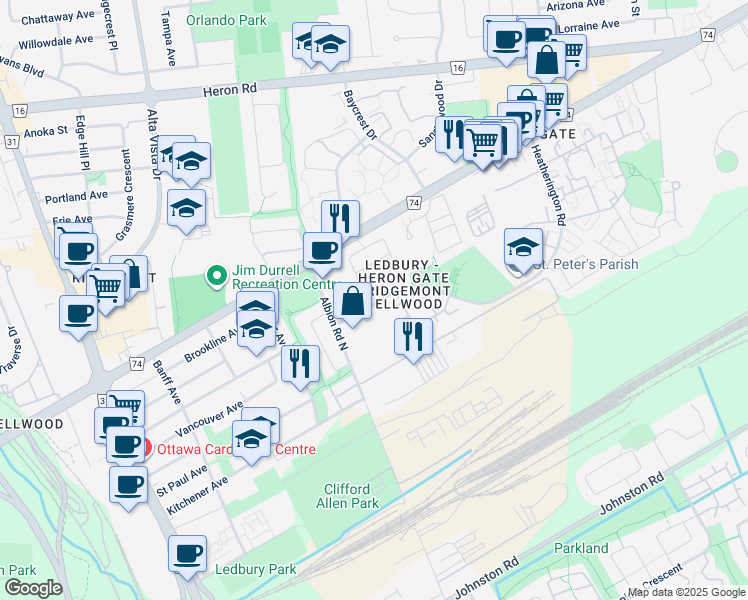 map of restaurants, bars, coffee shops, grocery stores, and more near in Ottawa