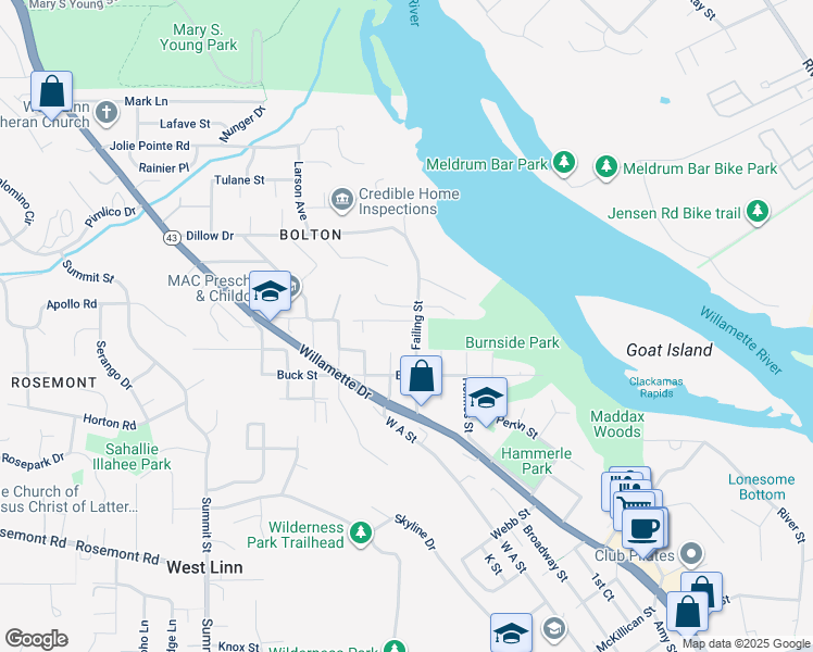 map of restaurants, bars, coffee shops, grocery stores, and more near 6380 Failing Street in West Linn