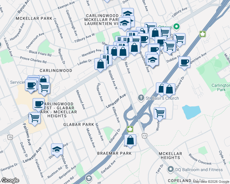 map of restaurants, bars, coffee shops, grocery stores, and more near in Ottawa