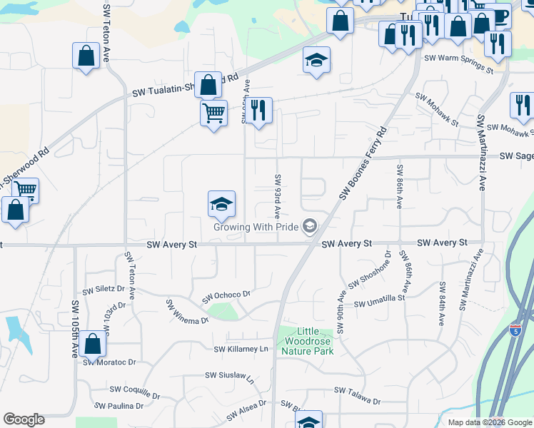 map of restaurants, bars, coffee shops, grocery stores, and more near 9341 Southwest Gertz Lane in Tualatin
