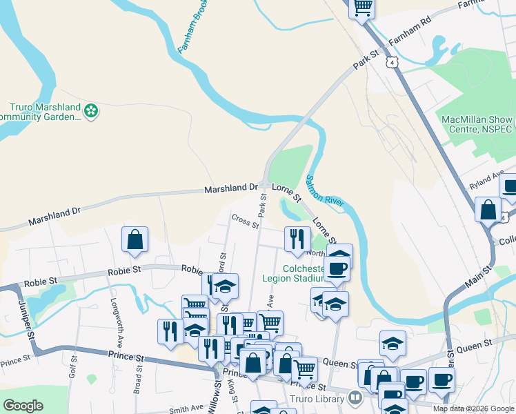 map of restaurants, bars, coffee shops, grocery stores, and more near 24 Park Street in Truro