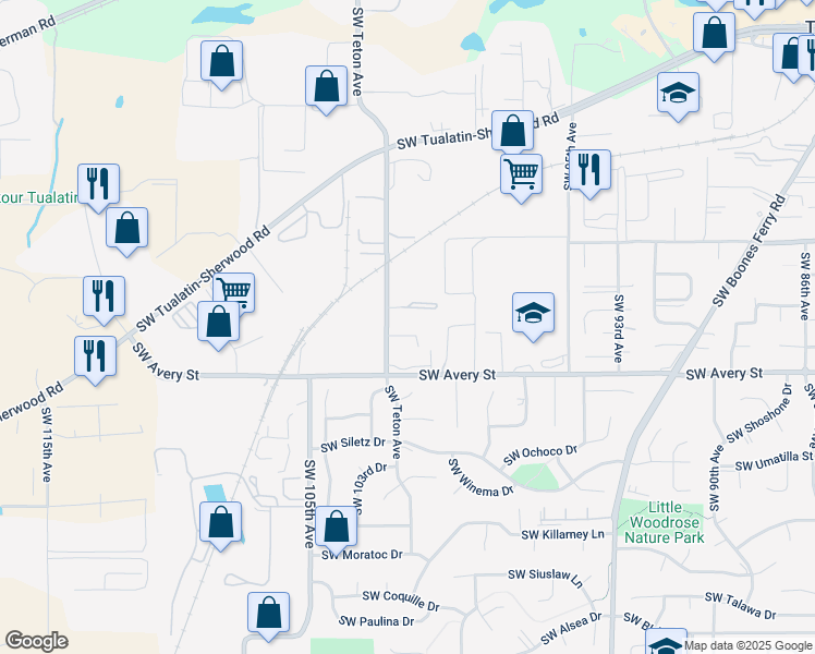 map of restaurants, bars, coffee shops, grocery stores, and more near 20400 Southwest Teton Avenue in Tualatin