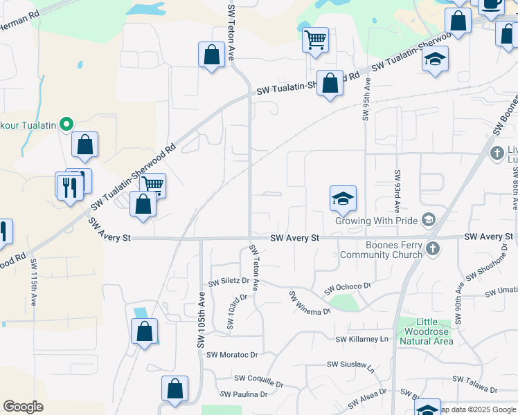 map of restaurants, bars, coffee shops, grocery stores, and more near 20400 Southwest Teton Avenue in Tualatin