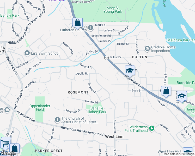 map of restaurants, bars, coffee shops, grocery stores, and more near 6850 Apollo Road in West Linn