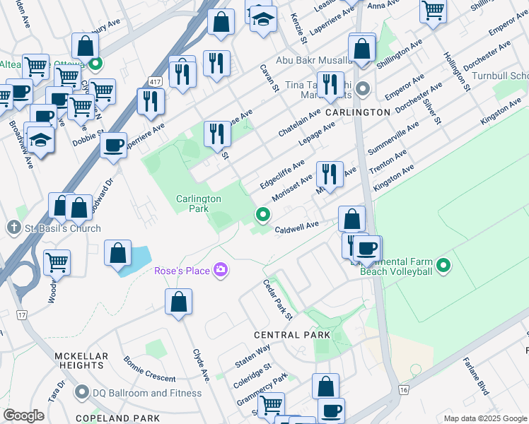 map of restaurants, bars, coffee shops, grocery stores, and more near 1551 Caldwell Avenue in Ottawa