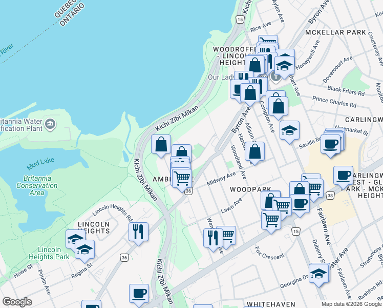 map of restaurants, bars, coffee shops, grocery stores, and more near 1117 Ambleside Drive in Ottawa