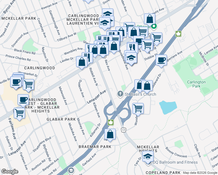 map of restaurants, bars, coffee shops, grocery stores, and more near 885 Maitland Avenue in Ottawa