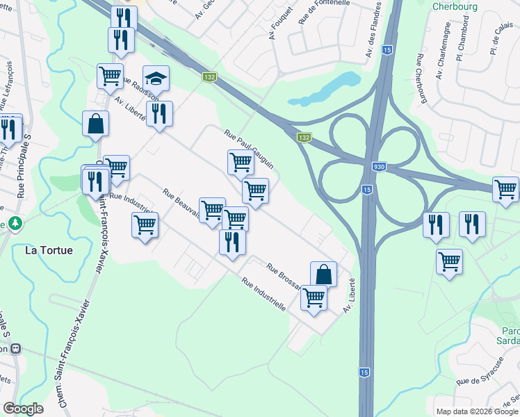 map of restaurants, bars, coffee shops, grocery stores, and more near 275 Avenue Liberté in La Prairie