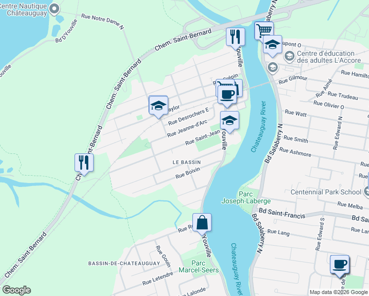map of restaurants, bars, coffee shops, grocery stores, and more near 34 Rue Saint-Jean in Châteauguay