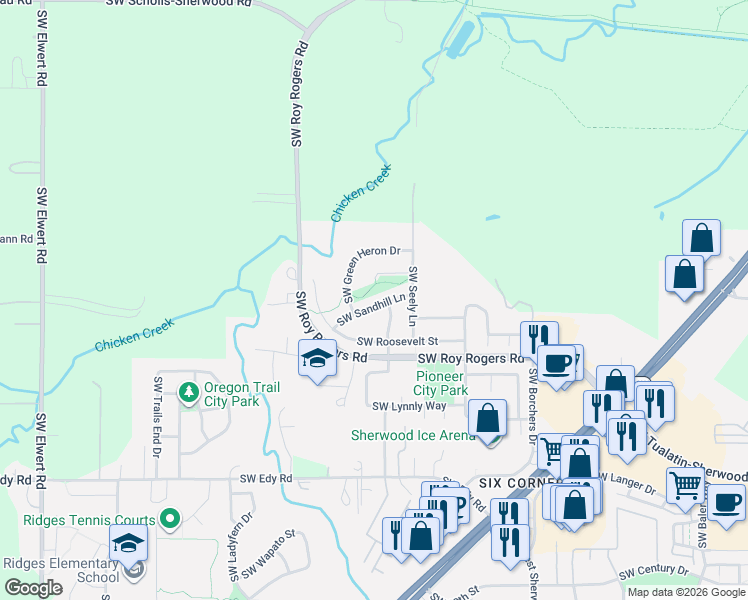 map of restaurants, bars, coffee shops, grocery stores, and more near 17139 Southwest Sandhill Lane in Sherwood