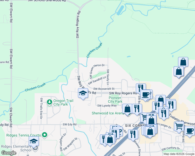 map of restaurants, bars, coffee shops, grocery stores, and more near 17139 Southwest Sandhill Lane in Sherwood