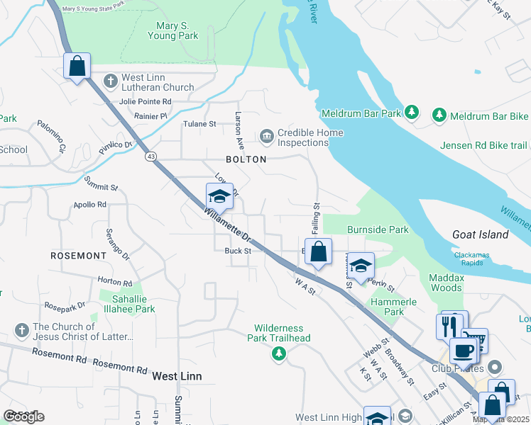 map of restaurants, bars, coffee shops, grocery stores, and more near 6410 Tompkins Court in West Linn