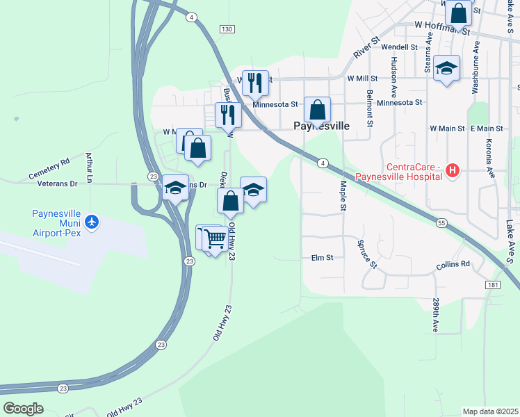 map of restaurants, bars, coffee shops, grocery stores, and more near 795 Old Highway 23 in Paynesville
