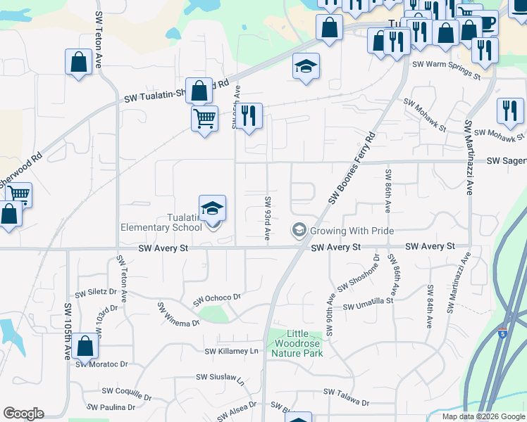 map of restaurants, bars, coffee shops, grocery stores, and more near 9323 Southwest Tonopah Street in Tualatin