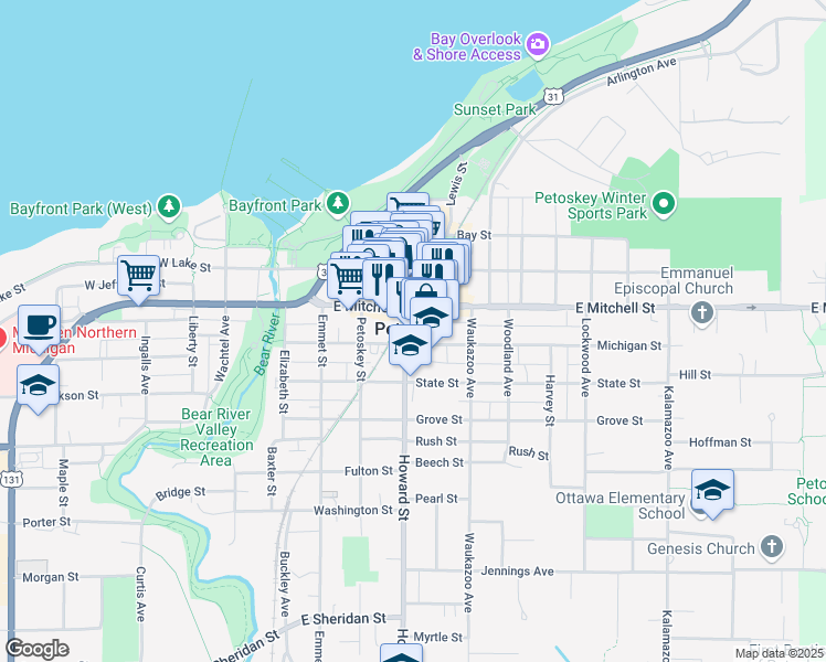 map of restaurants, bars, coffee shops, grocery stores, and more near 417 Howard Street in Petoskey